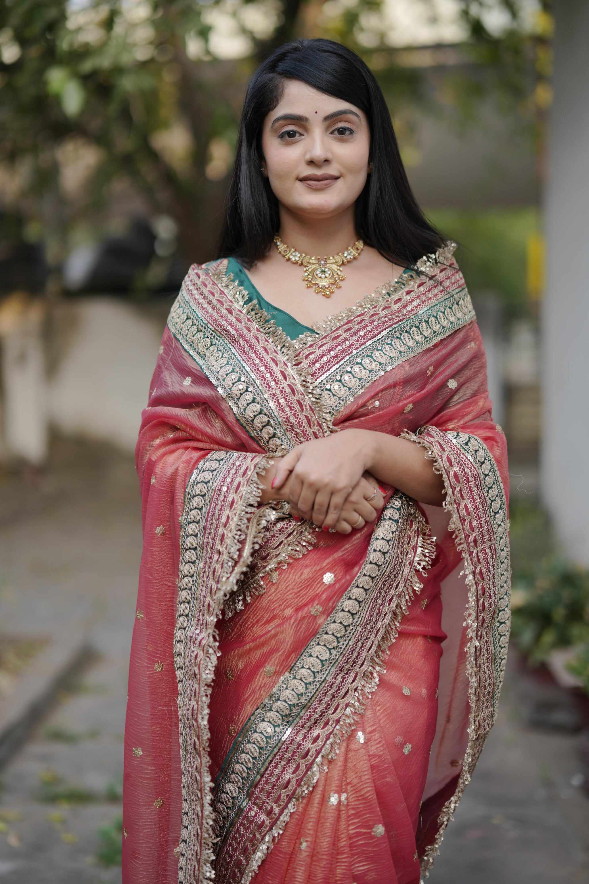 Designer Heavy Banarasi Crush Saree with Sequins &amp; Embroidered Lace Border