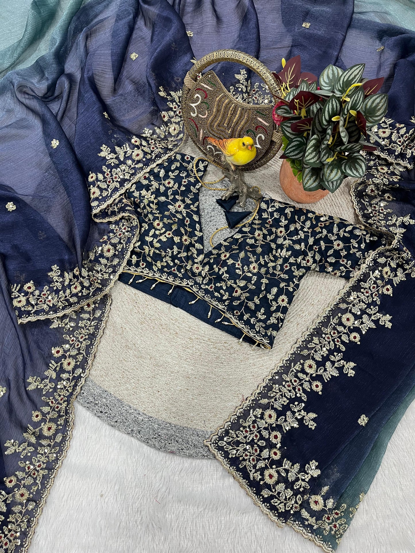 Evergreen Designer Fandy Chiffon Silk Saree with Sequins, Zari Embroidery & Cutwork Border