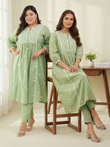 Light Green Pure Cotton Embroidered A-line Kurta Pant Set