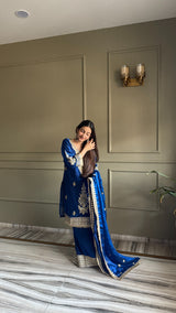 Designer Fendi Satin 3 Piece Suit Set with Embroidery Work & Lace Border (Top, Plazo & Dupatta)