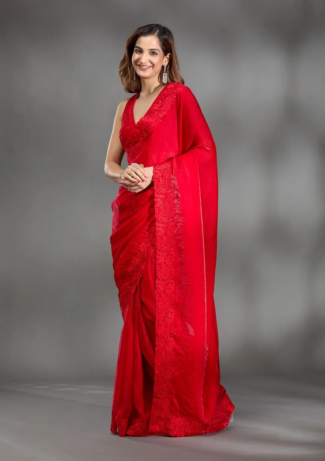 Designer Bollywood Satin Silk Saree with Diamond & Embroidery Work