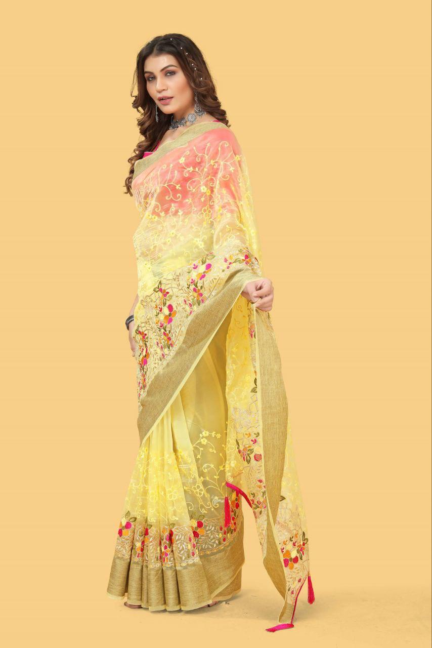 Party Wear Organza Silk Saree with Multicolor Embroidery and Zari Border