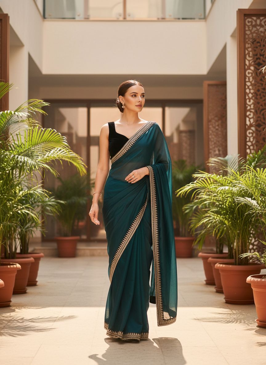 Designer Bollywood Style Soft Twill Net Saree with Sequins & Zari Dori Embroidery and Velvet Lace Border with Unstitched Blouse