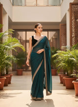 Designer Bollywood Style Soft Twill Net Saree with Sequins & Zari Dori Embroidery and Velvet Lace Border with Unstitched Blouse