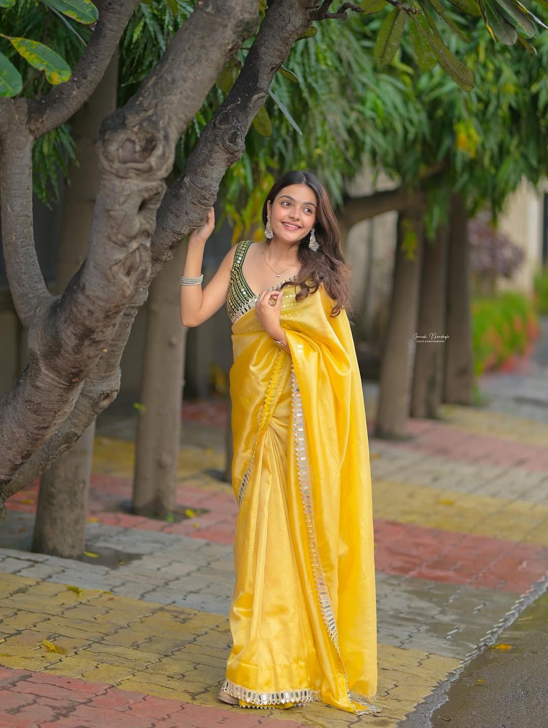 Premium Designer Fandy Satin Silk Saree with Jari Dori Embroidery & Real Mirror Embellishment with Stitched Mono Diamond Silk Blouse
