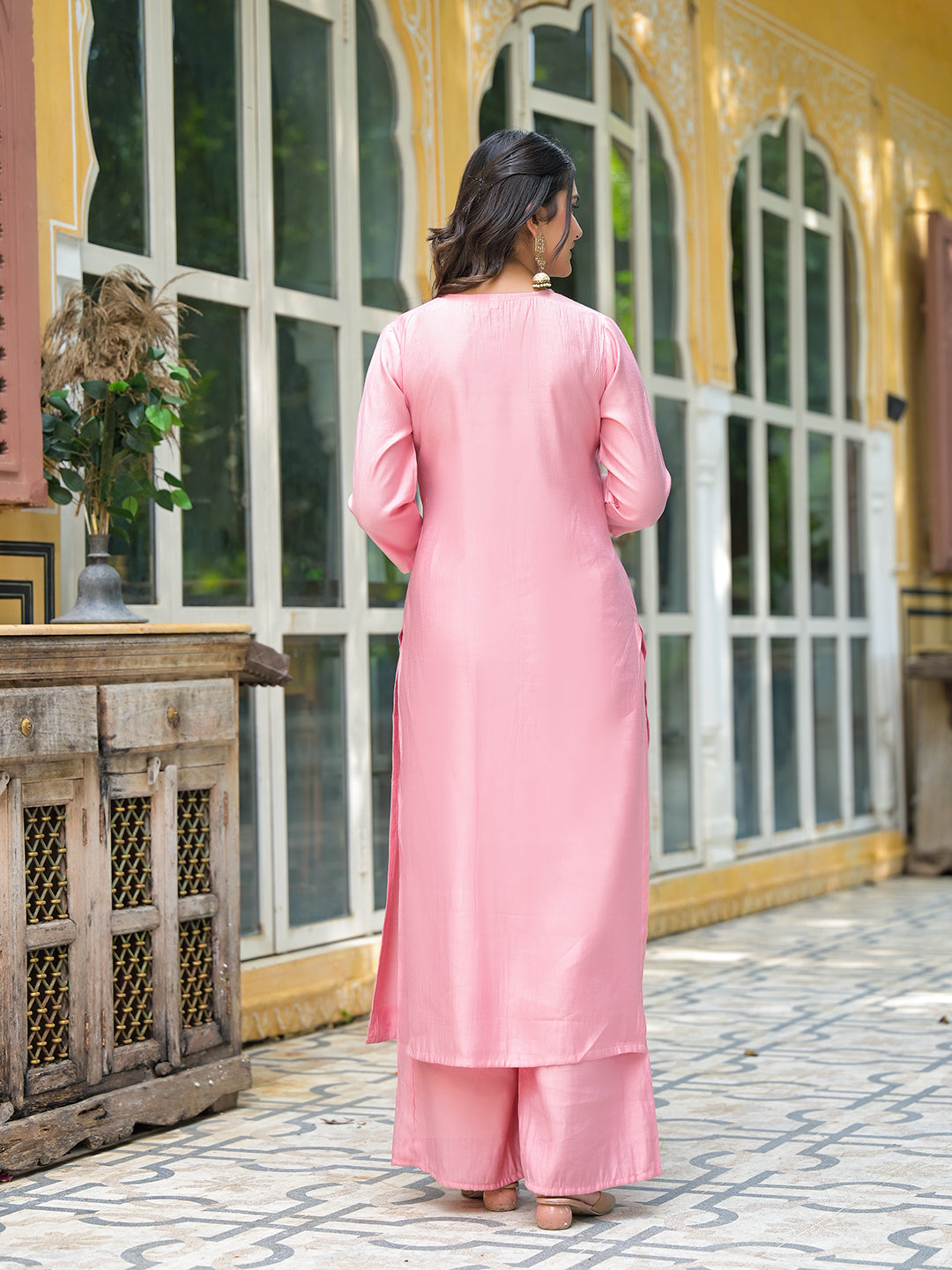 Powder Pink A-Line Kurta With Mirror Work On Dupatta - Elganza