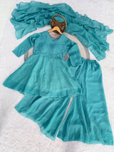 Designer Crunchy Silk 3 Piece Suit Set with V-Neck Top, Flared Palazzo & Dupatta