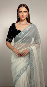 Designer Faux Georgette Handwork Saree with Beads & Sequins Border and Velvet Blouse – Ice Blue / Off White