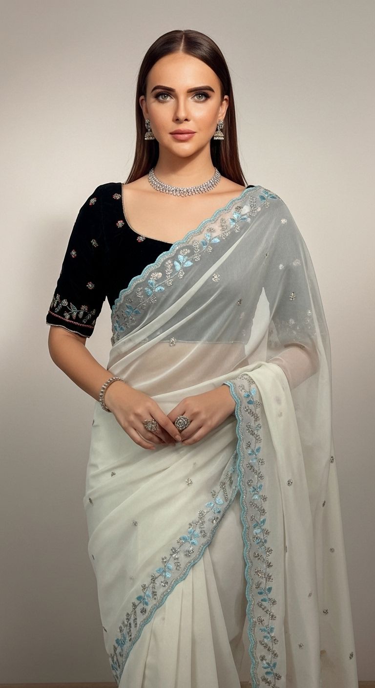 Designer Faux Georgette Handwork Saree with Beads & Sequins Border and Velvet Blouse – Ice Blue / Off White