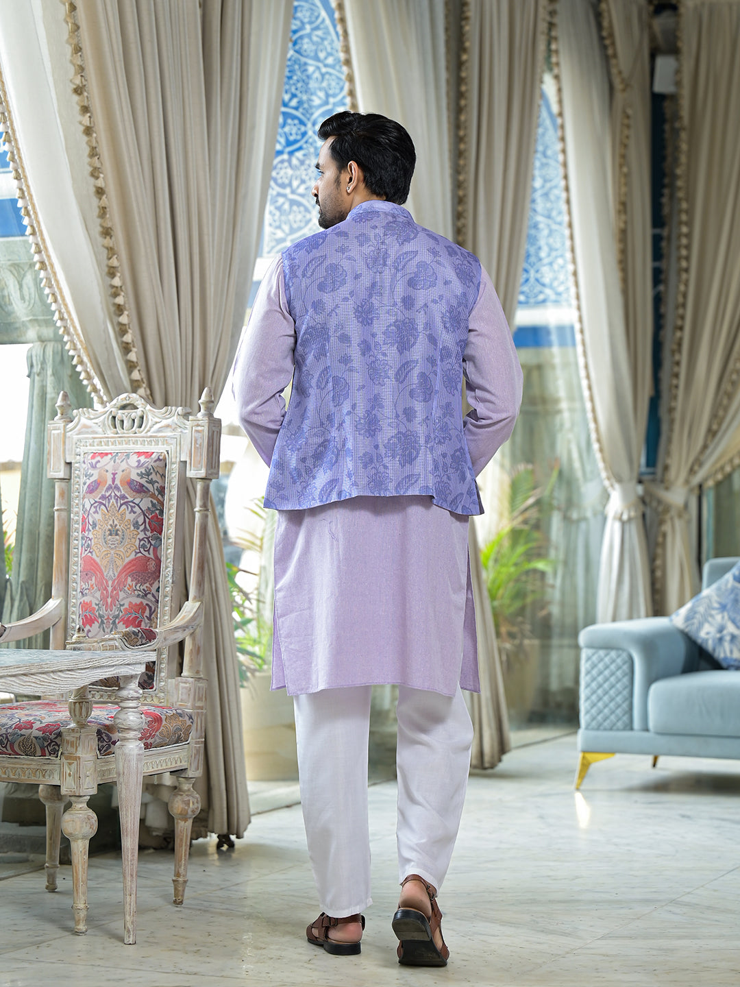 Lilac Color Floral print nehru jacket set - Elganza