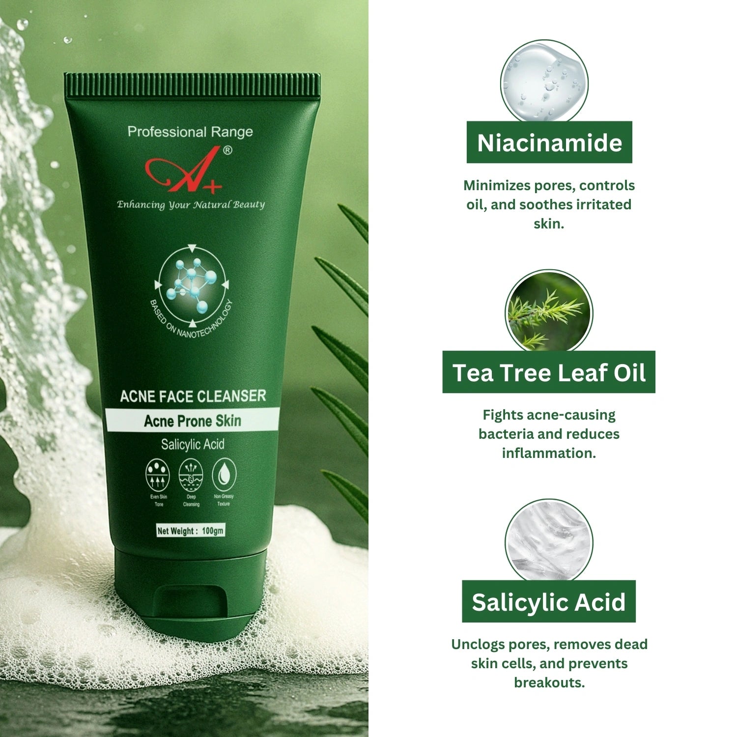 A+ Acne Face Cleanser with 0.5% Salicylic Acid – 100 gm image 1