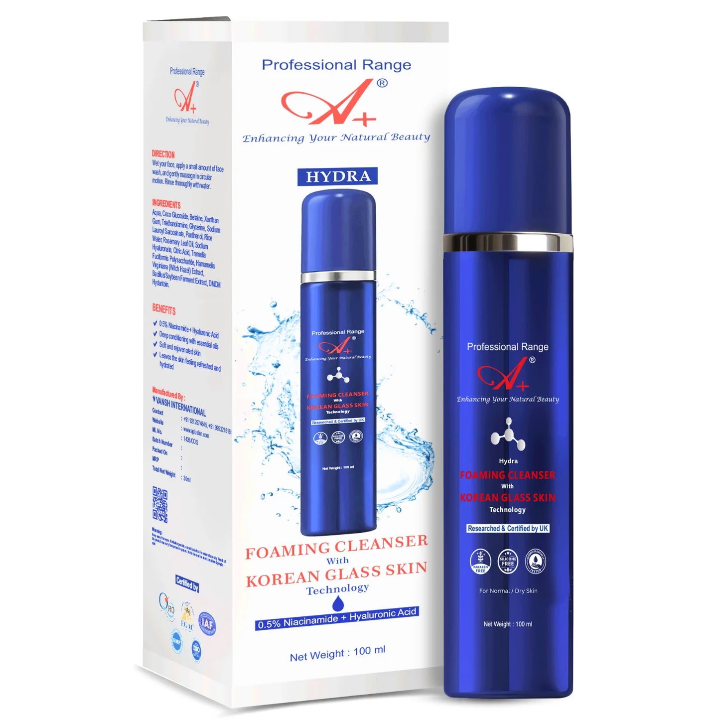 A+ Hydra Foaming Cleanser With Korean Glass Skin Technology (Normal/Dry Skin) – 100 ml image 0