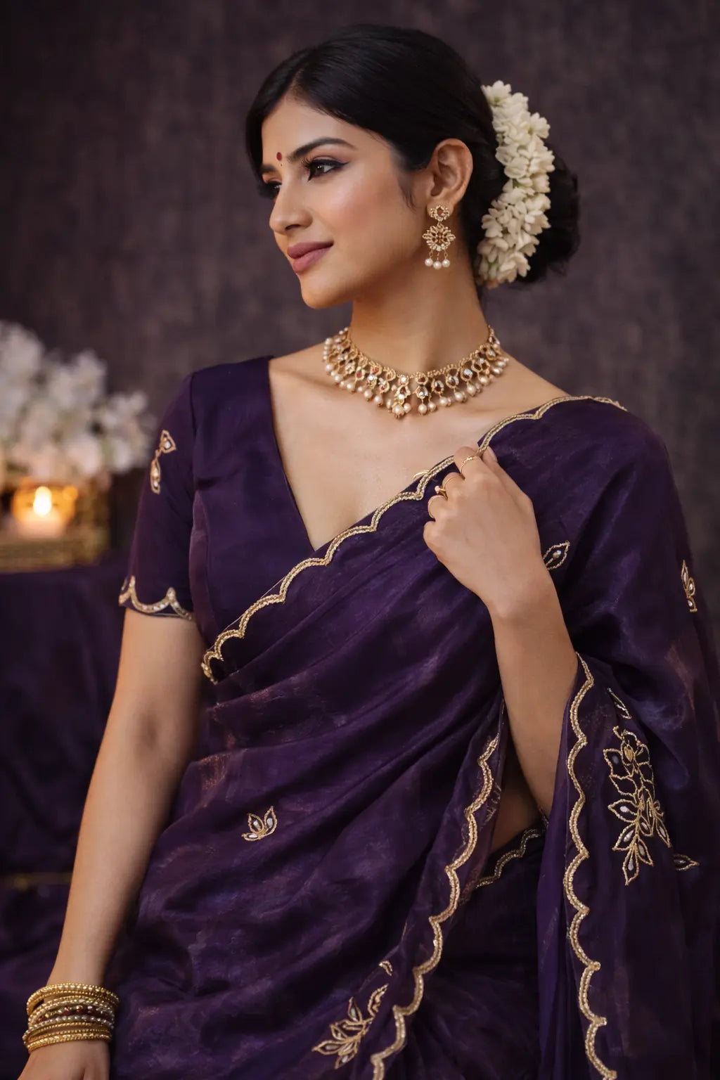 Designer Fandy Satin Silk Saree with Floral Pipe & Pearl Embellishment and Matching Unstitched Blouse