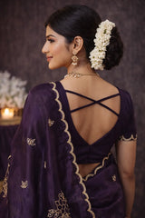 Designer Fandy Satin Silk Saree with Floral Pipe & Pearl Embellishment and Matching Unstitched Blouse