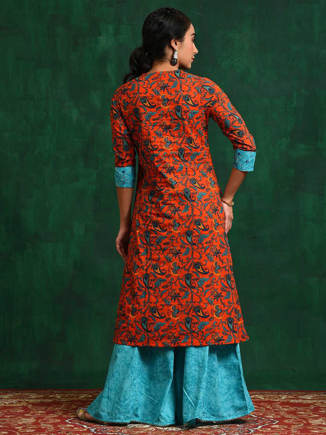 Red Floral A-Line Kurta With Palazzo - Elganza