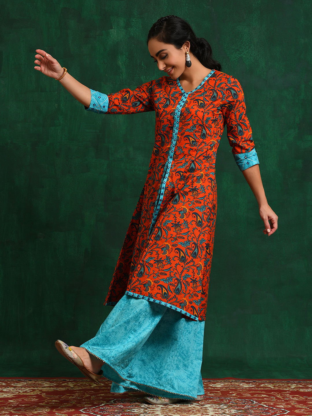 Red Floral A-Line Kurta With Palazzo - Elganza