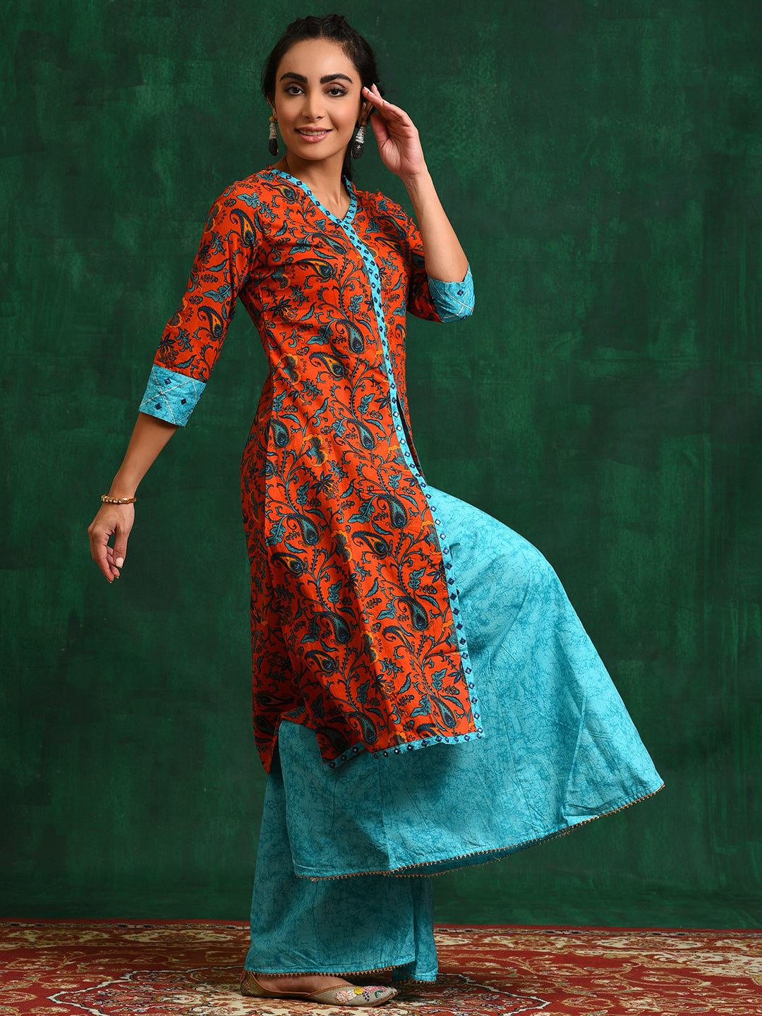 Red Floral A-Line Kurta With Palazzo - Elganza