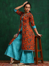 Red Floral A-Line Kurta With Palazzo - Elganza