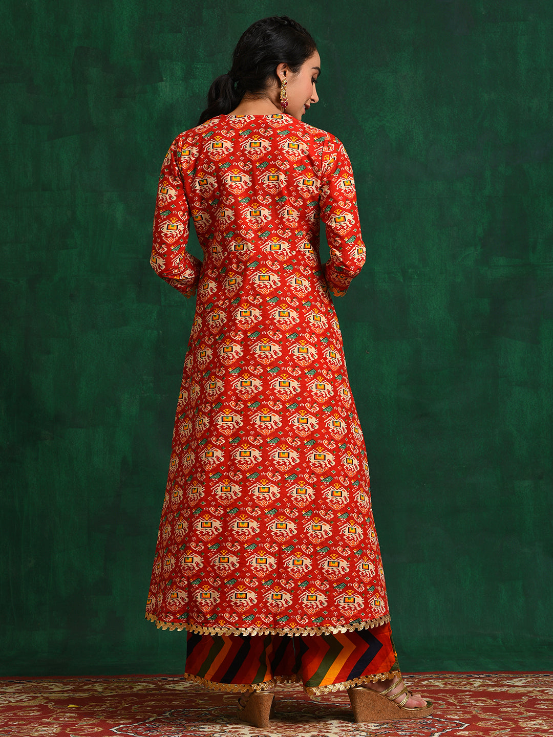 Red Chevrons A-Line Kurta Palazzo With Jacket - Elganza