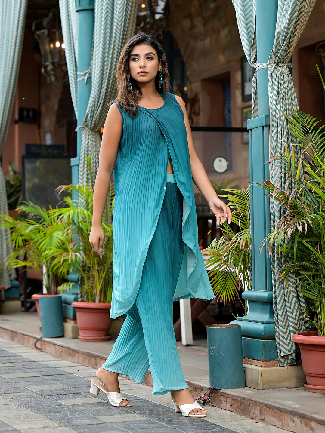 Elegant Green Ombre Pleated Wrap Kurta Set for Women | Georgette A-Line Kurta with Palazzo image 2