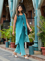 Elegant Green Ombre Pleated Wrap Kurta Set for Women | Georgette A-Line Kurta with Palazzo image 2