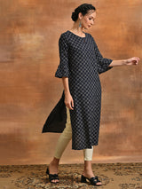 Navy Blue Checked Kurta - Elganza