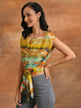Yellow Boat Print Wrap Top - Elganza