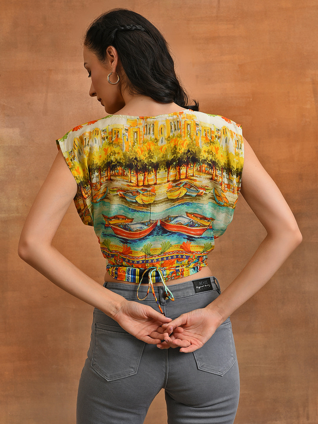 Yellow Boat Print Wrap Top - Elganza