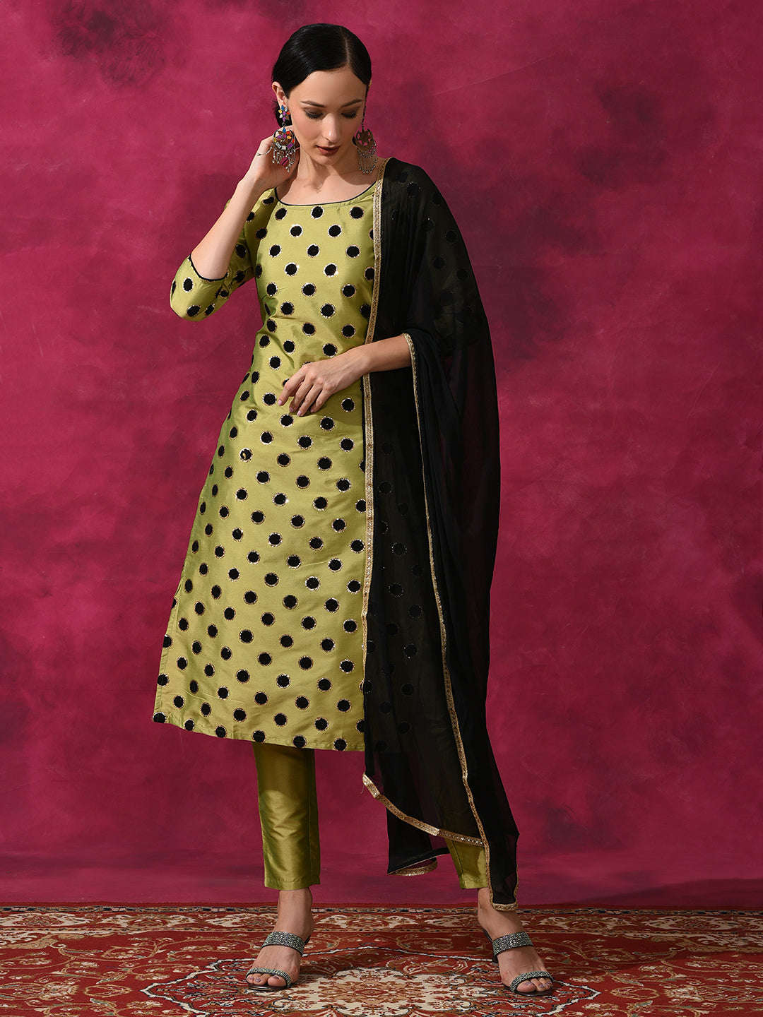 Green Applique Work Kurta Pant With Dupatta - Elganza