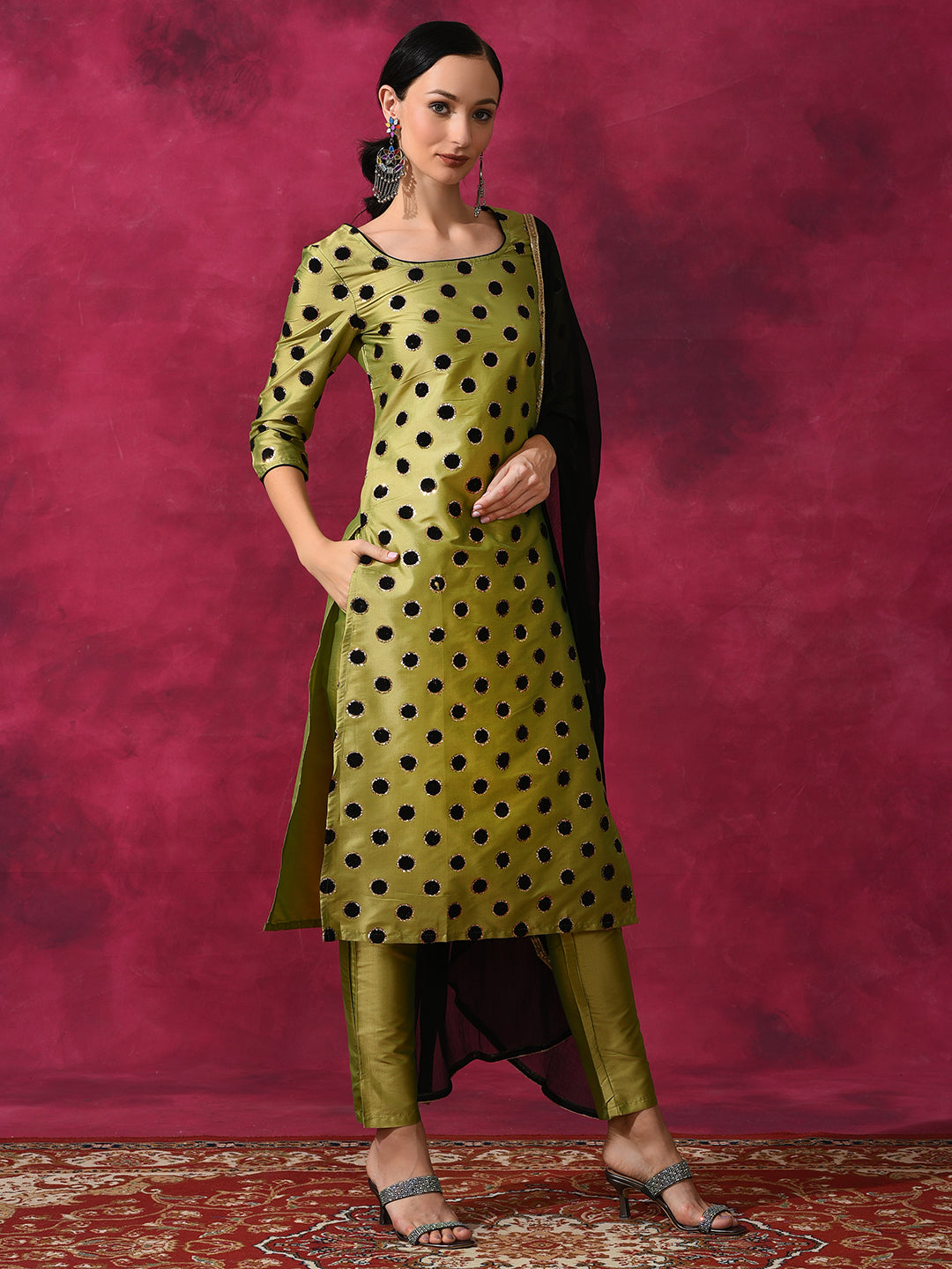 Green Applique Work Kurta Pant With Dupatta - Elganza