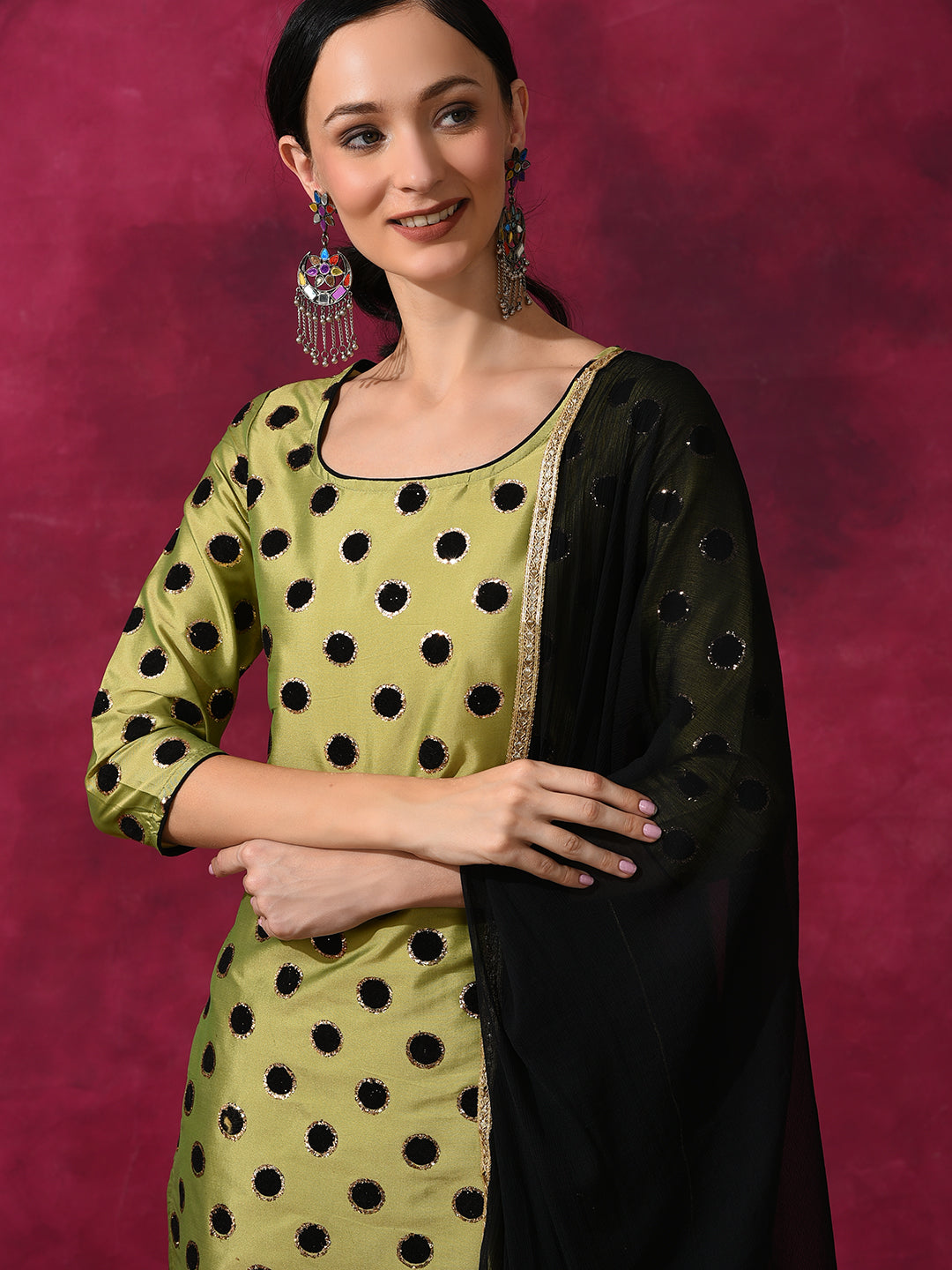 Green Applique Work Kurta Pant With Dupatta - Elganza