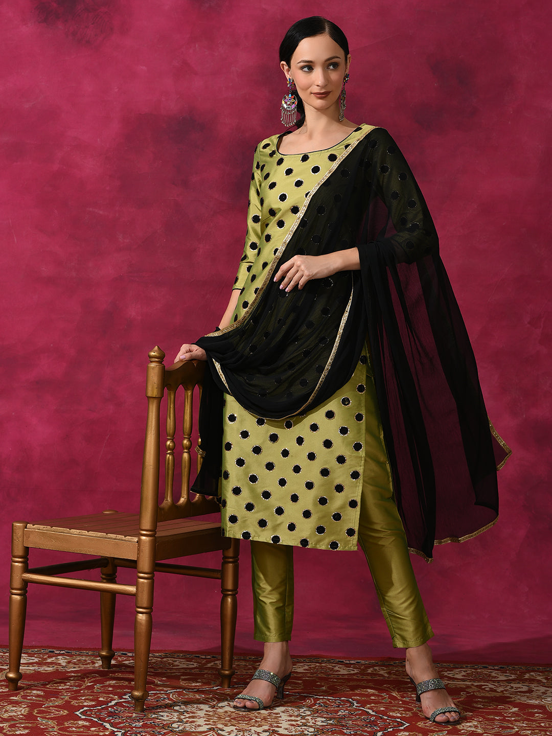 Green Applique Work Kurta Pant With Dupatta - Elganza