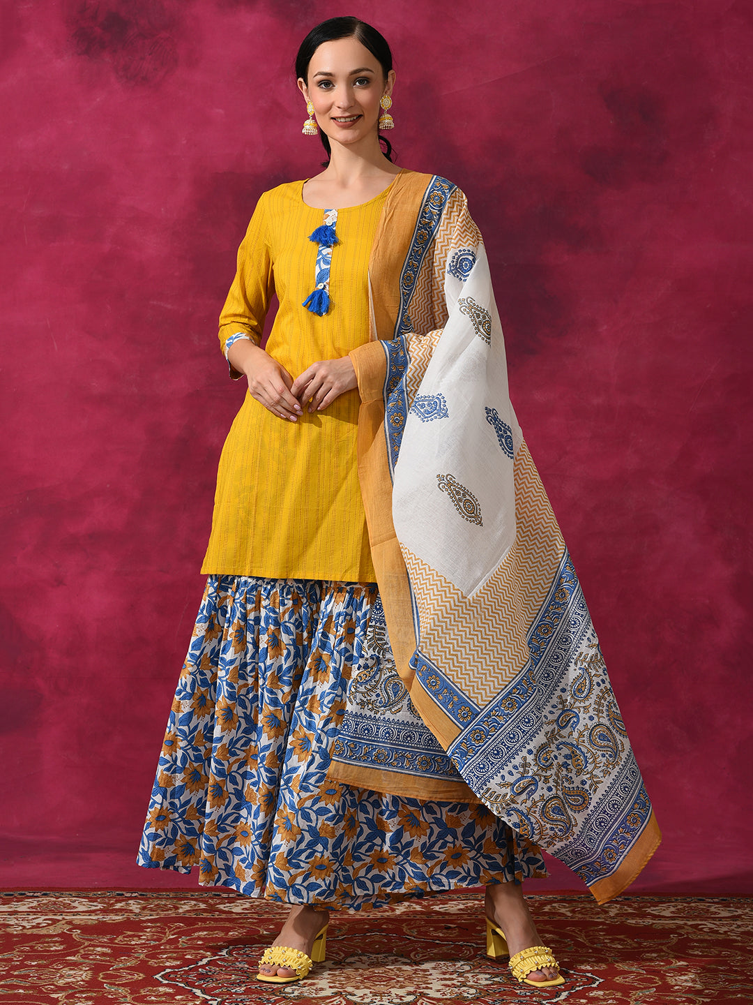 Yellow Floral Print Kurti Sharara With Dupatta - Elganza