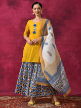 Yellow Floral Print Kurti Sharara With Dupatta - Elganza
