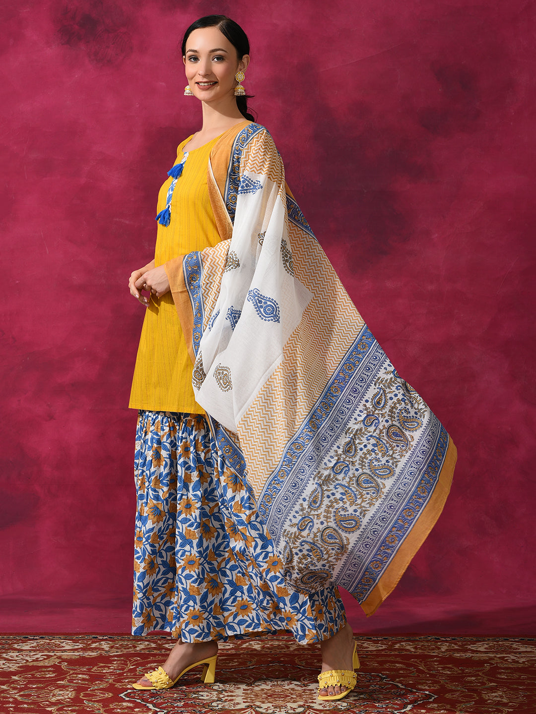 Yellow Floral Print Kurti Sharara With Dupatta - Elganza