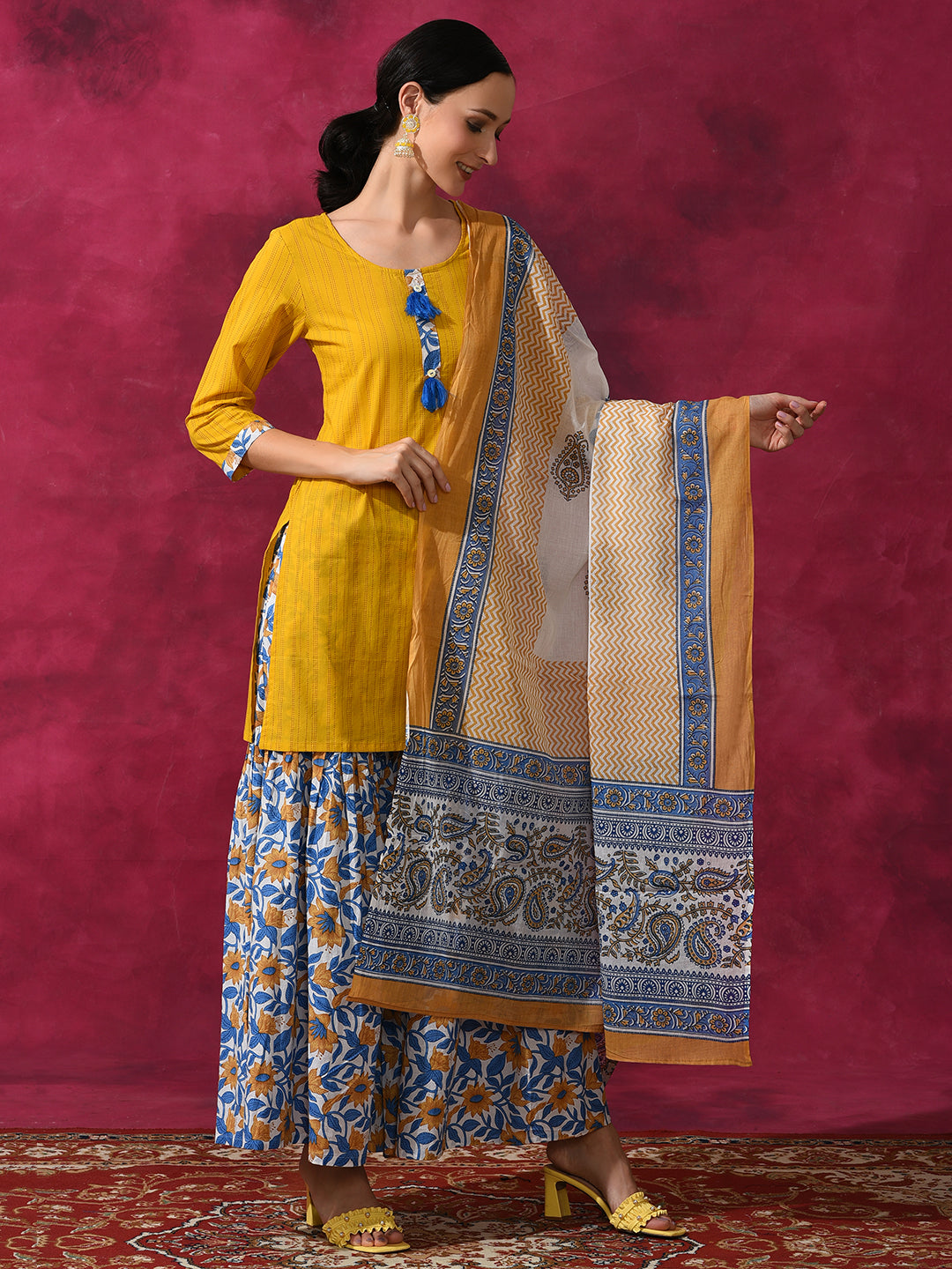 Yellow Floral Print Kurti Sharara With Dupatta - Elganza