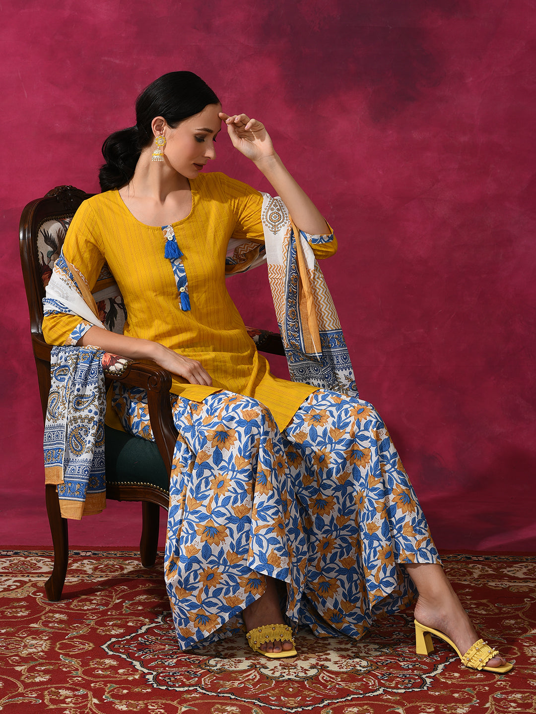 Yellow Floral Print Kurti Sharara With Dupatta - Elganza