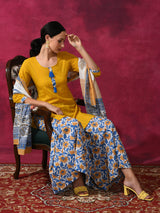 Yellow Floral Print Kurti Sharara With Dupatta - Elganza