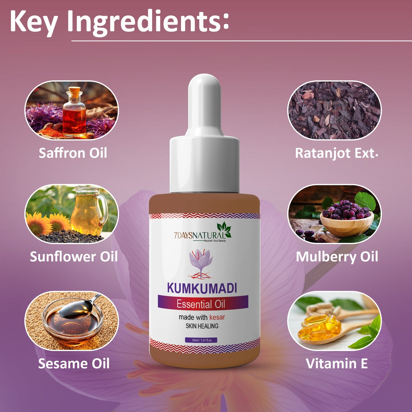 Kumkumadi Essential Oil 30 ml for glowing skin natural way & Diminishes scars, dark circles and dark spots| 7Days Natural image 3