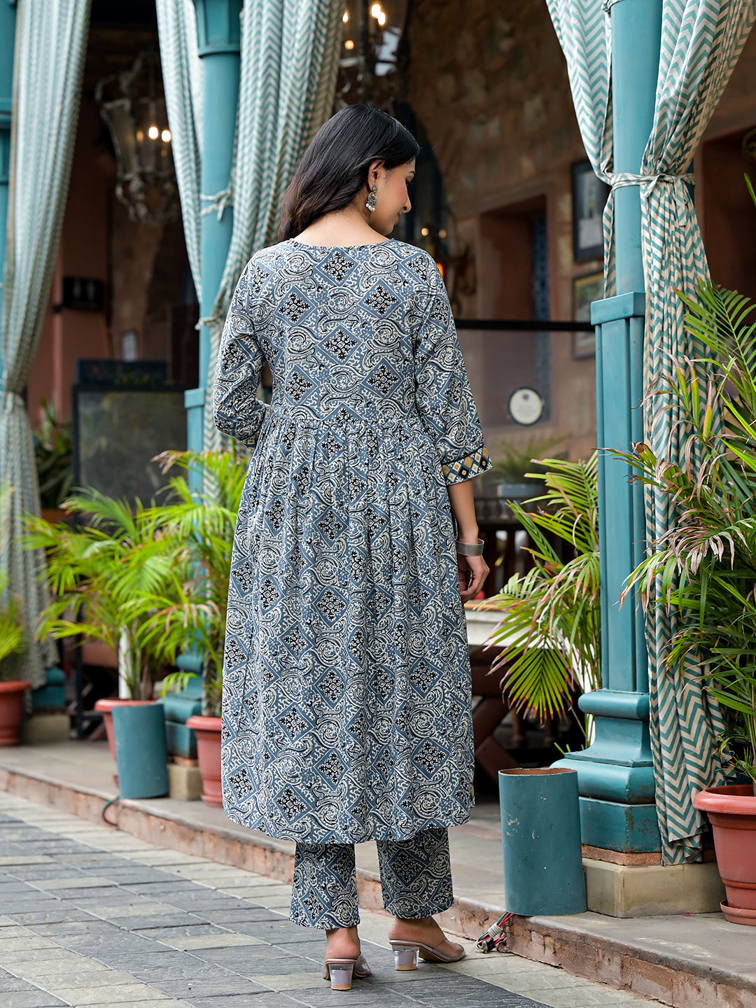 Blue Nyra Cut A-Line Kurta Set - Elganza
