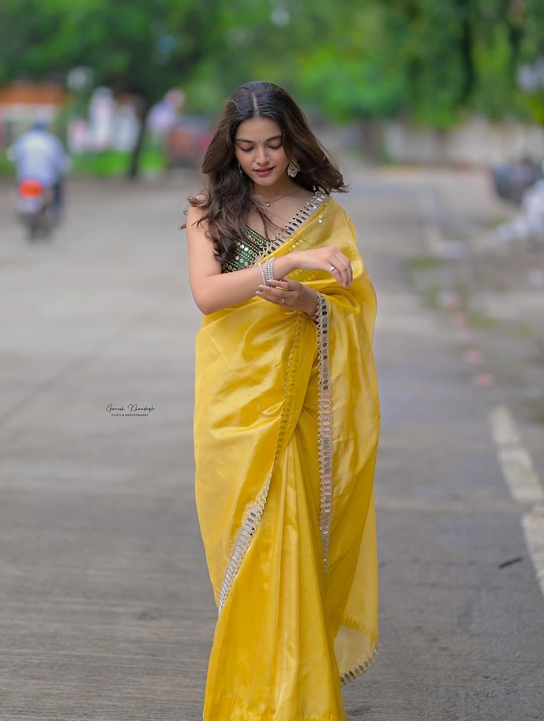 Premium Designer Fandy Satin Silk Saree with Jari Dori Embroidery & Real Mirror Embellishment with Stitched Mono Diamond Silk Blouse