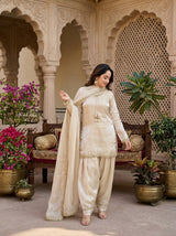 Designer Fendi Satin Farshi Salwar Suit Set with Mirror & Moti Work and Lace Border