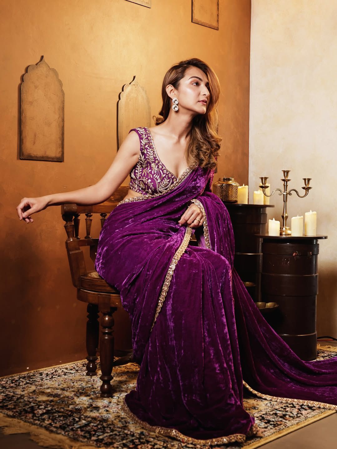 Luxury 9000 Quality Velvet Saree with Fine 3mm Sequin Jari Embroidered Cutwork Border & Ready Blouse