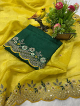 Traditional Designer Gold Crunchy Saree with Floral Embroidery and Cutwork Border