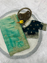 Designer Fandy Satin Silk Saree with Sequins & Jari Embroidery and Cutwork Border with Full-Stitch Blouse