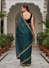 Designer Bollywood Style Soft Twill Net Saree with Sequins & Zari Dori Embroidery and Velvet Lace Border with Unstitched Blouse