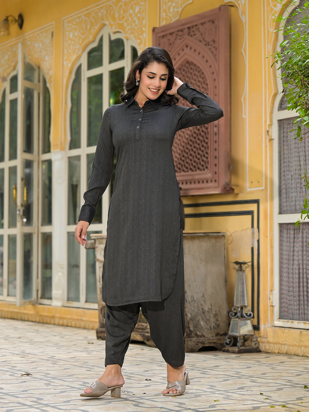 Black Self Design Pathani Kurta - Elganza