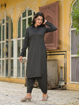 Black Self Design Pathani Kurta - Elganza
