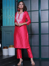 Hot Pink Embroidered Cotton Silk Kurta Set - Elganza