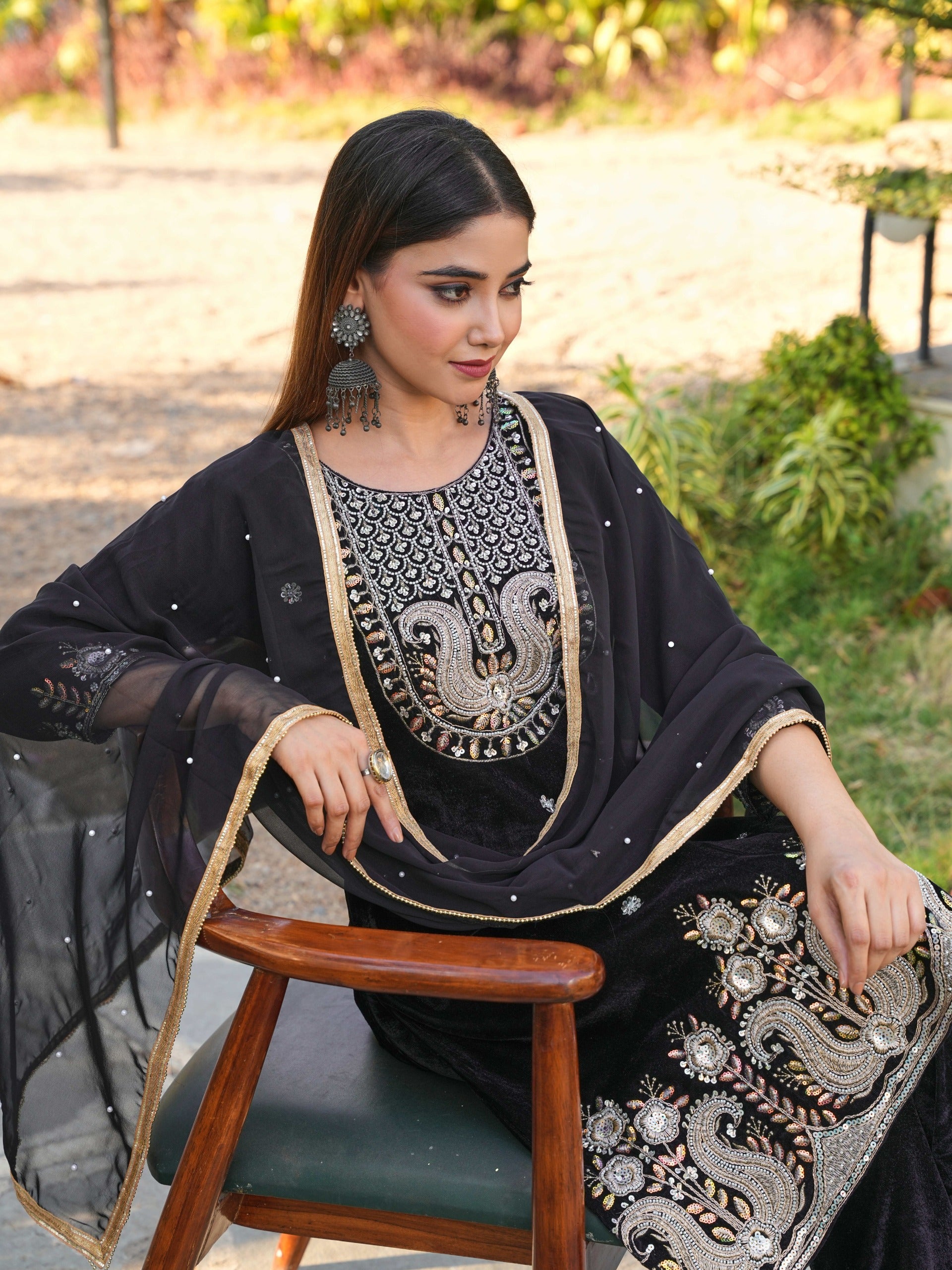 Women Designer 3 Piece Velvet Suit Set with Embellished Top, Velvet Bottom & Faux Georgette Dupatta